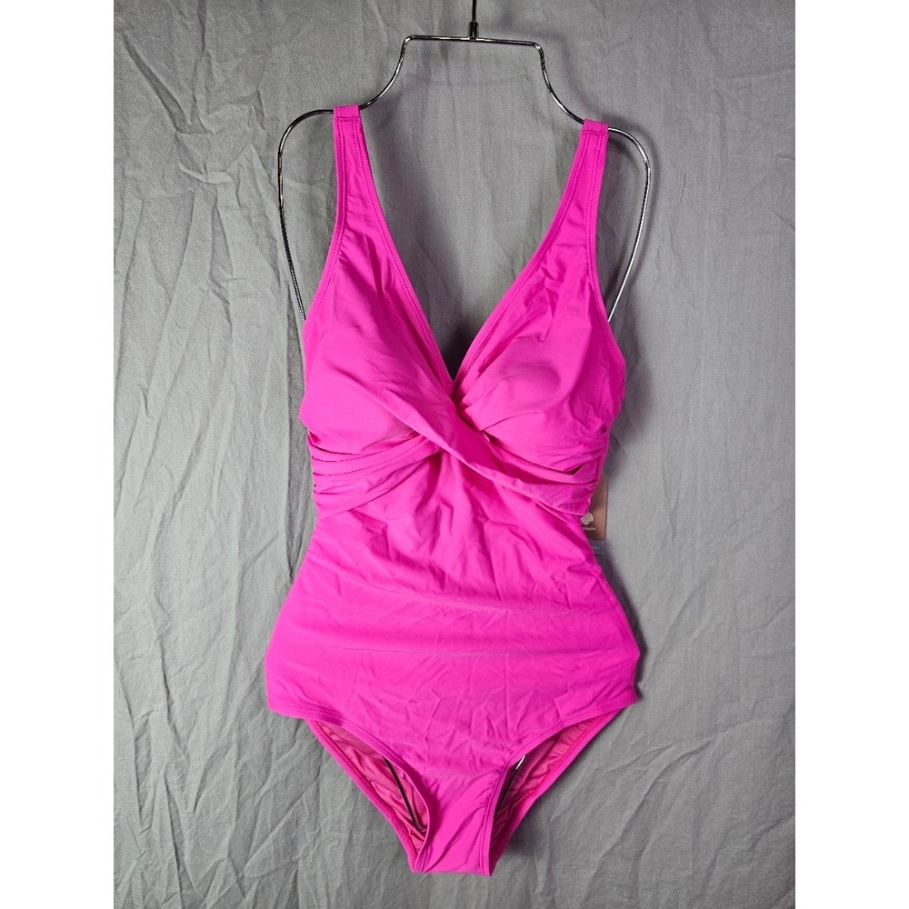 Smismivo Womens Hot Pink Tummy Control One Piece Swimsuit V-Neck Wrap Size S NWT
